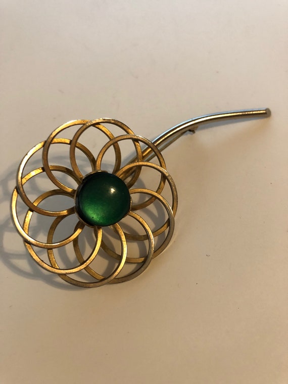 Mid-Century Stylized FLOWER BROOCH with Green Ther