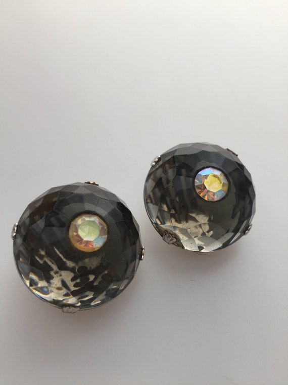 1960s Vintage Faceted GLASS Clip On EARRINGS Smoky