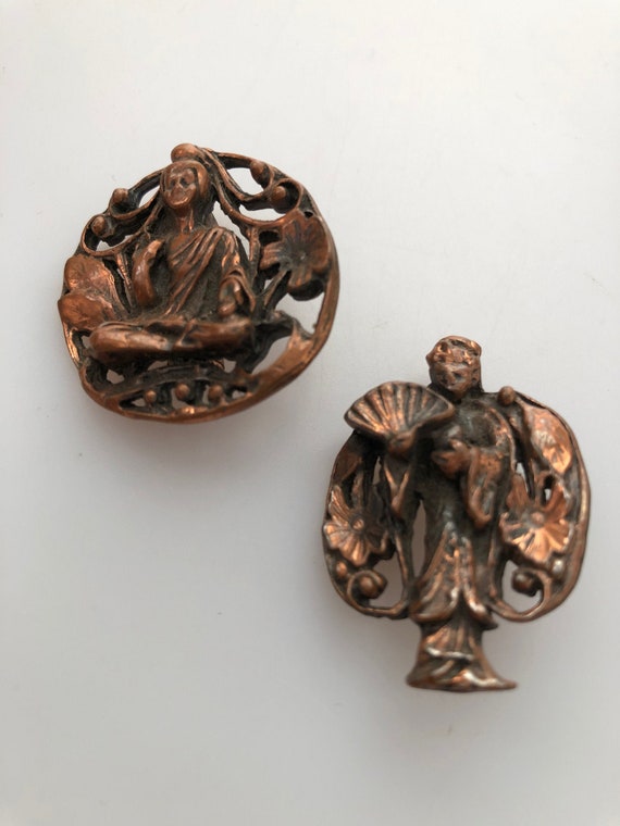 Pair of MID CENTURY Copper Figural Pins ASIAN Insp