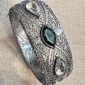 Edwardian/Art  Deco Era FILIGREE Hinged BANGLE Bracelet CZECH Glass Faceted Stones Gorgeous Filigree Chromium Plate Looks Like Platinum