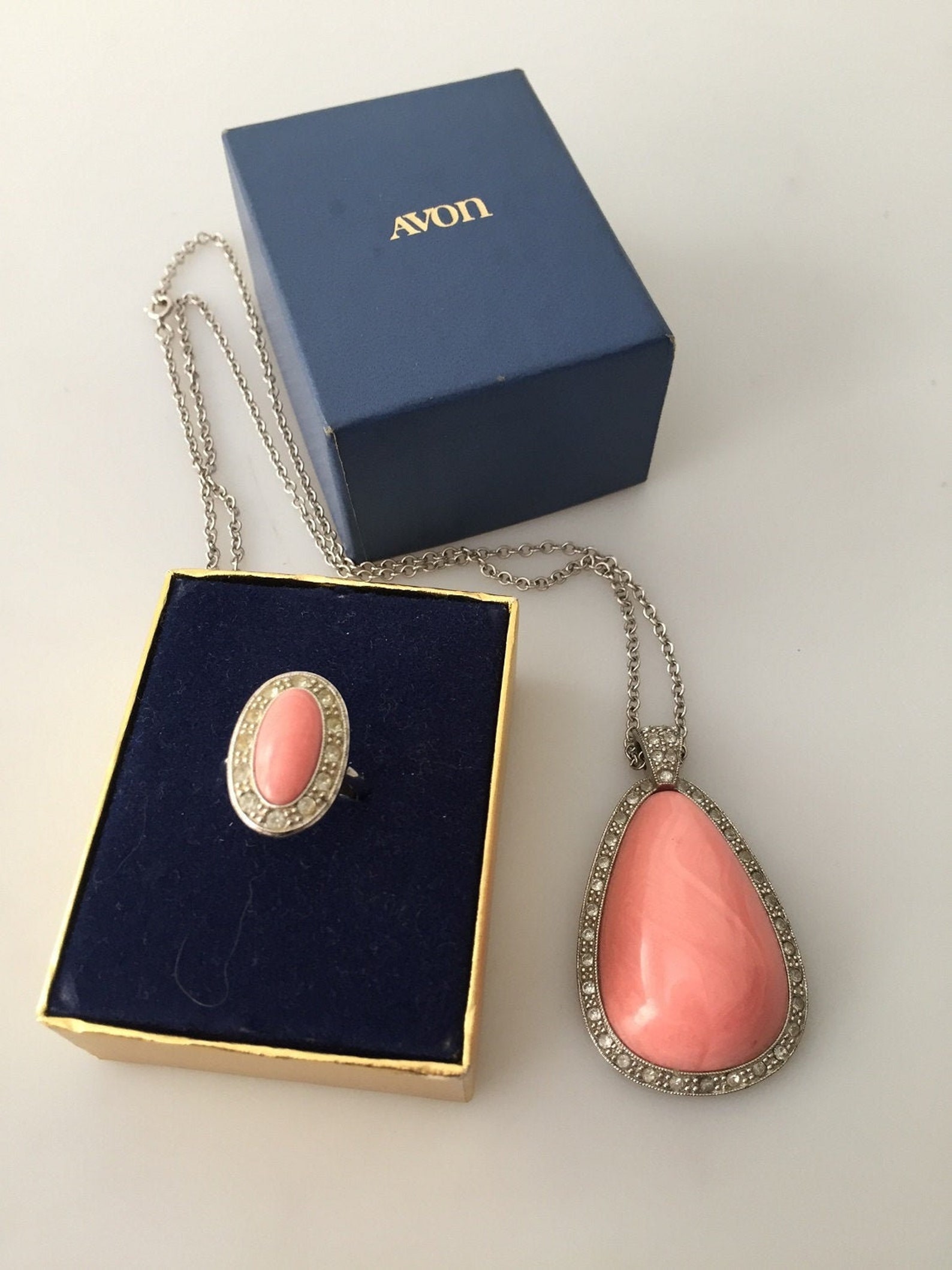 1970s Vintage AVON Pendant & Ring Set Pale Fire Circa 1974