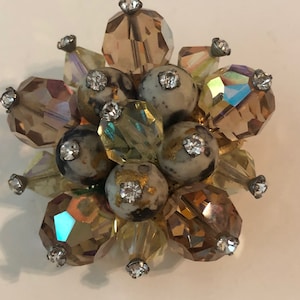 Gorgeous 1960s Vintage CRYSTAL Bead & RHINESTONE BROOCH Aurora Borealis Crystals Unusual Beads Topped with Tiny Clear Rhinestones Old Stock