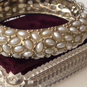 Vintage KJL Faux Pearl HINGED CLAMPER Bracelet 1990s Vintage Kenneth J Lane Faux Pearl Bracelet Goldtone Metal