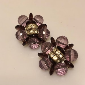 1960s Vintage LAVENDER LUCITE CLIP Earrings Faceted Lucite Rhinestone Rondelles Purple Plastic Spacer Beads Clip on Earrings