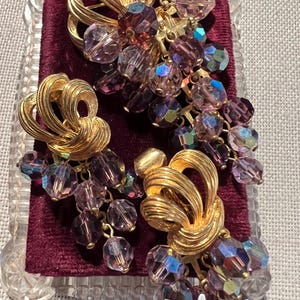 Vintage PARK LANE AB Crystal Grape Brooch and Earring Set Aurora Borealis Austrian Crystals and Gold Plate Signed