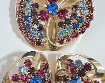 Vintage RHINESTONE Brooch & Earring Set Multicolor RHINESTONES in Gold Plate DEADSTOCK Never Worn