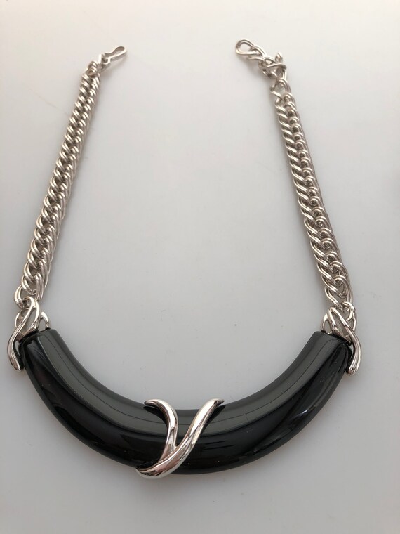 Vintage MONET CHOKER Necklace Silver and Black Ch… - image 3