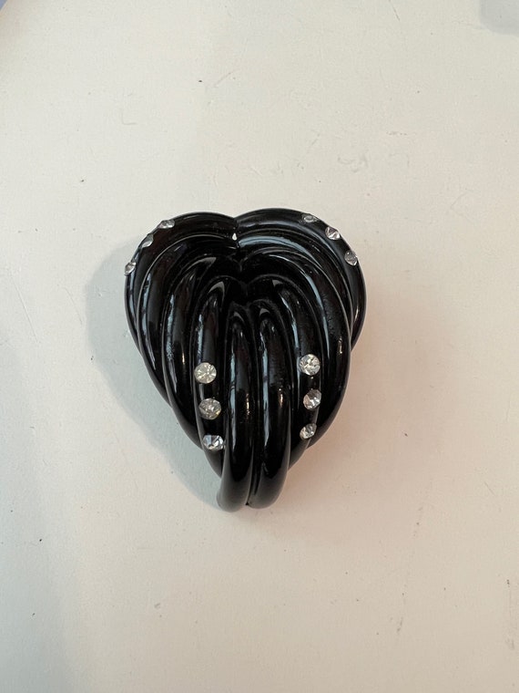 ART DECO Black CELLULOID Dress Clip with Clear Rhi