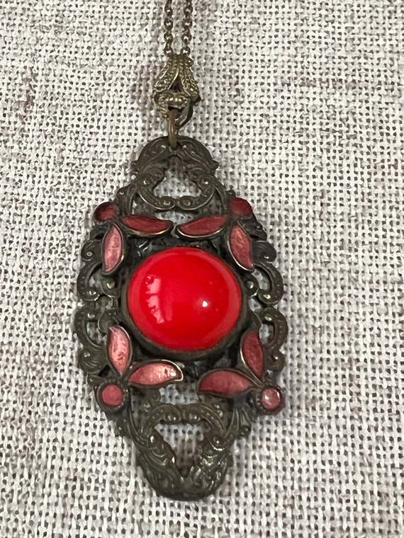 1920s/30s Vintage RED Czech Glass CAB and ENAMEL P