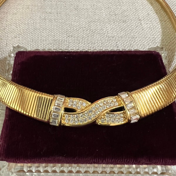 80s Vintage CHRISTIAN DIOR Omega Choker Necklace Interlocking CRYSTAL Focal Point Chr.Dior (c) Excellent Crystal Collar Necklace