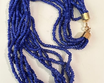 Vintage MULTI-strand BEADED Necklace 22" Long COBALT Blue Glass Chip Beads Six-strand Necklace Great for Layering