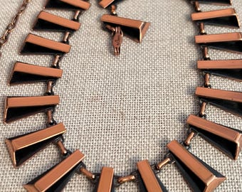 Mid Century Modern RENOIR Copper Necklace, Geometric Black Detail