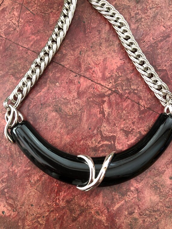 Vintage MONET CHOKER Necklace Silver and Black Ch… - image 4