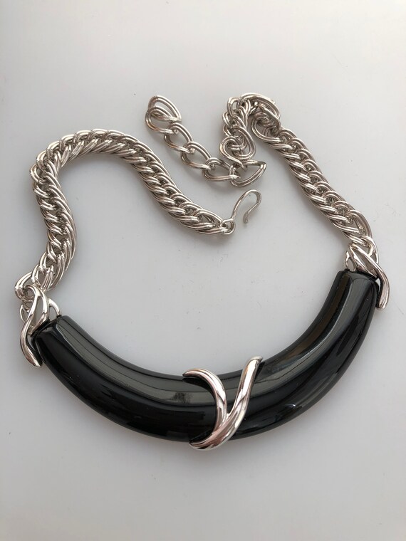 Vintage MONET CHOKER Necklace Silver and Black Ch… - image 2