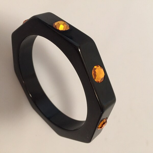 1960s Vintage Black BAKELITE Bangle Bracelet Amber GLASS Stones ACCESSOCRAFT New old Stock Otagon Shaped