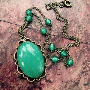 1920s Vintage BRASS & GLASS Pendant Necklace Beaded Chain Czech Glass Peking Glass Sating Glass Necklace Art Deco Necklace