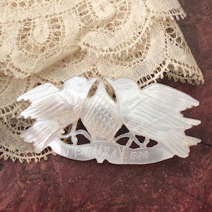 Vintage MOTHER of PEARL Brooch Hand Carved Lovebirds Souvenir of JERUSALEM Antique Figural Pin Bird Pin
