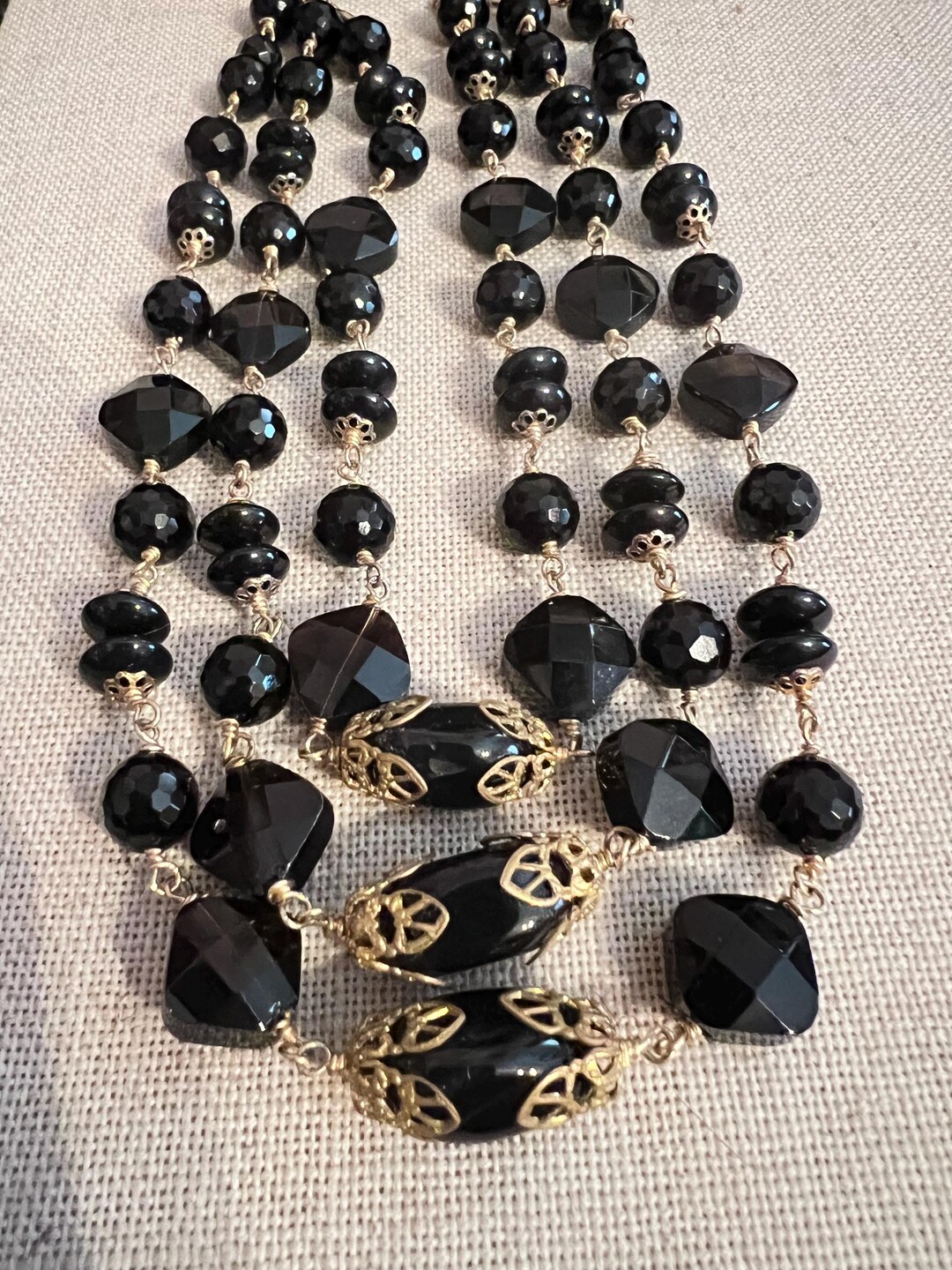 Vintage Triple-strand FRENCH JET Beaded Necklace All Glass
