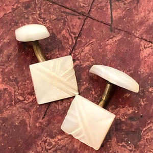 Victorian Edwardian Hand Carved MOTHER of PEARL Cufflinks Barbell Style ANTIQUE Cuff Links