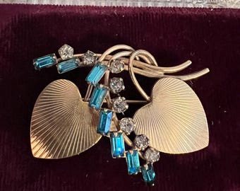 MCM Carl Art Gold Filled Double Heart Brooch: Aqua Rhinestone Accents