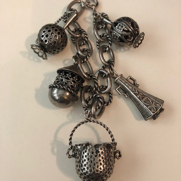 Vintage ETRUSCAN Style CHARM BRACELET Silvertone Charms Urns Pitcher Vase Lantern Cute Fob Charms Vintage Charm Bracelet Silvertone Links