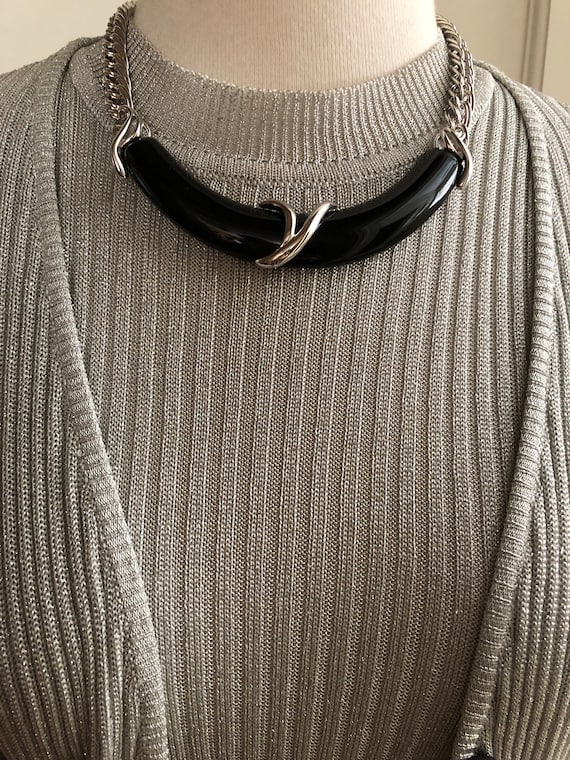 Vintage MONET CHOKER Necklace Silver and Black Ch… - image 1