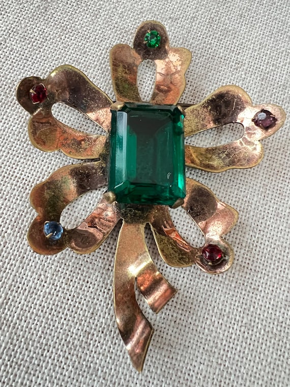 40s/50s Vintage RETRO FLOWER BROOCH Large Emerald 