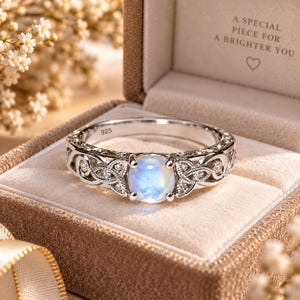 May include: A silver ring featuring a round, iridescent moonstone center stone flanked by intricate Celtic knotwork and small clear accent stones. The inner band is stamped with 925. It rests in a tan box with the text A SPECIAL PIECE FOR A BRIGHTER YOU.