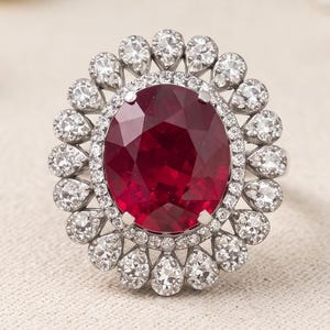 Lab Created Ruby Ring, 925 Sterling Silver Red Gemstone Ring, Moissanite Floral Halo, Oval Ruby Statement Cocktail Jewelry