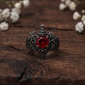Lab Created Ruby Ring, Gothic Christmas, Blackened 925 Sterling Silver, Dark Statement Cocktail, Holiday Bridal Wedding Jewelry