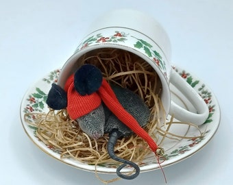 Sleepy Teacup Santa Mouse | Vintage Vessel Mouse | Cute Santa Mouse in Teacup