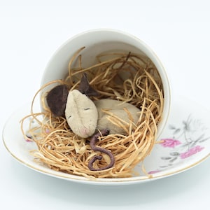 Sleepy Teacup Mouse | Vintage Vessel Mouse | Cute Mouse in Teacup | Light Brown Mouse