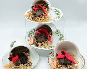 Sleepy Plush Mouse in Vintage Teacup with Hat