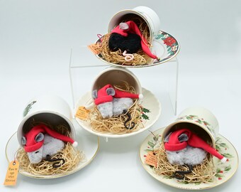 Sleepy Plush Mouse in Vintage Teacup with Hat