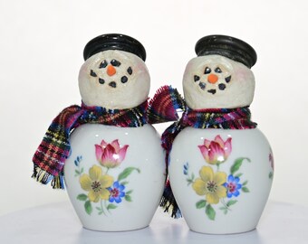 Vintage Salt Shaker Snowman #98 and 99 | Winter Decor | Glass Snowman | Snowman Decor | Recycled Snowman