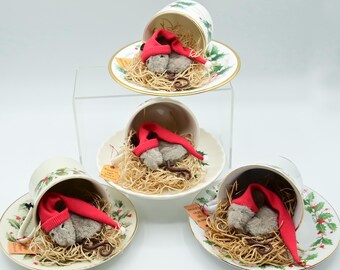 Sleepy Plush Mouse in Vintage Teacup with Hat