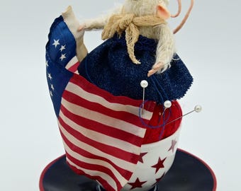 Handmade Betsty Ross Mouse Pin Cushion: Whimsical Felt Creature on Patriotic Teacup and Saucer