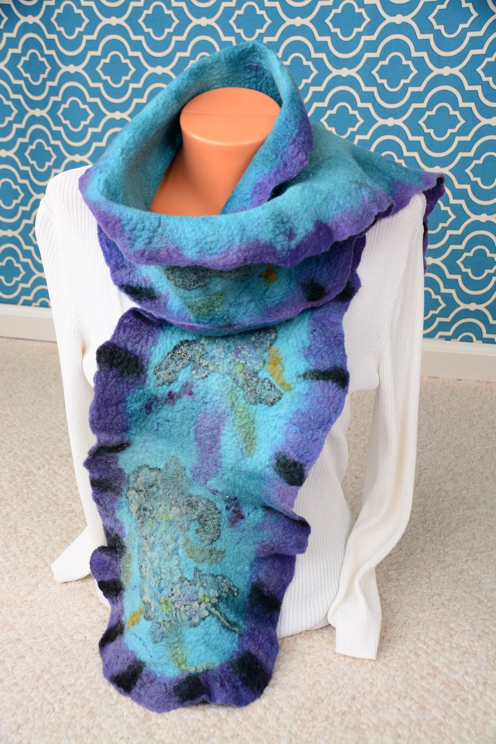 Felted Scarf Wet Felted Scarf Ruffled Wool Scarf Blue Etsy