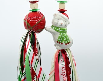 Christmas Cat with Yarn Tassel Set: Handmade Christmas Decor