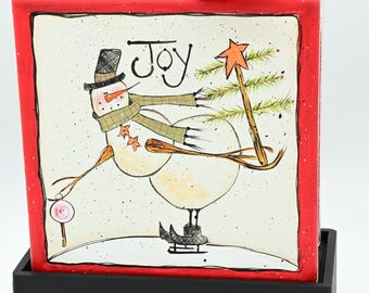 Joy Skating Snowman Lighted Handpainted Glass Block on Stand