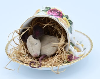 Sleepy Teacup Mouse | Vintage Vessel Mouse | Cute Mouse in Teacup