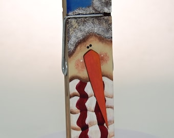 Handpainted Snowman on Jumbo Wooden Clothespin | Christmas Note Holder | Whimsical Snowman