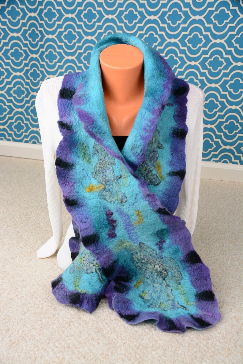 Felted Scarf Wet Felted Scarf Ruffled Wool Scarf Blue Etsy