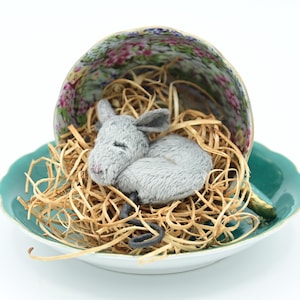 Sleepy Teacup Mouse | Vintage Vessel Mouse | Cute Mouse in Teacup | Gray Mouse