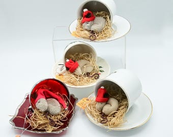 Sleepy Plush Mouse in Vintage Teacup with Hat