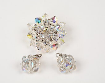 Conjunto de broche y pendientes con clip vintage Laguna en tonos plateados y cristales