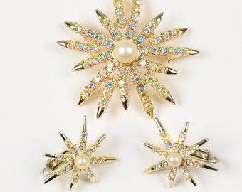 Conjunto de broche y pendientes con clip de aurora boreal y perla con forma de estrella de copo de nieve de Emmons vintage
