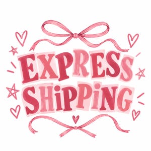 Könnte beinhalten: Eine digitale Grafik mit dem Text EXPRESS SHIPPING in fetten, rosa, handgezeichneten Buchstaben. Das Design wird von zwei rosa Schleifen oben und unten eingerahmt und mit kleinen rosa Herzen und Sternen verziert.