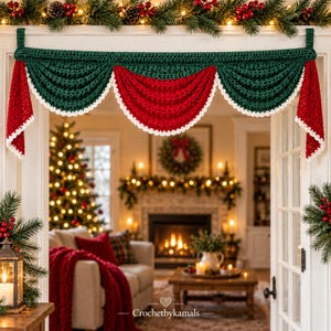 May include: A crocheted valance featuring a dark green top border with three draped swags, two in dark green and one in red, all finished with a white scalloped edge. The text "Crochetbykamals" is printed in white at the bottom center.
