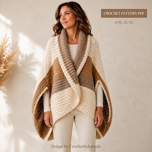 May include: A crochet pattern PDF for a colour-blocked shawl with a wide collar, featuring horizontal stripes in cream, tan, and brown. The text CROCHET PATTERN PDF, S/M-2X/3X, and Design by Crochetbykamals are visible on the image.